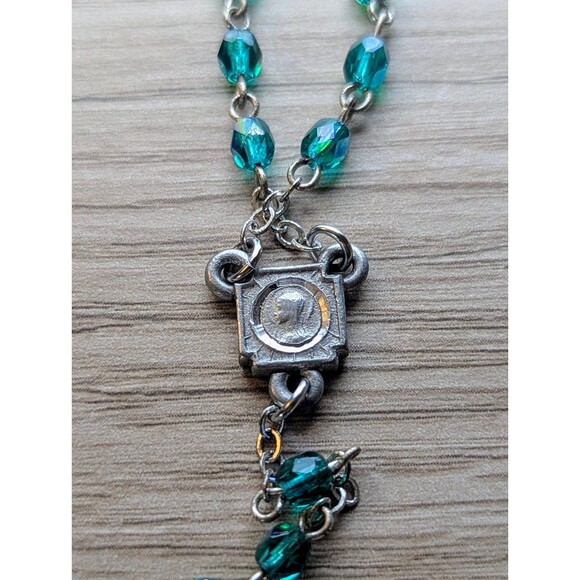 Just In! Pewter Cross Blue Green Iridescent Beaded Rosary - Picture 6 of 6